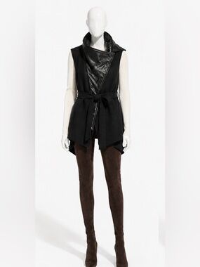 Ann Demeulemeester Wool Leather Draped Vest Jacket Black Asymmetric Belted